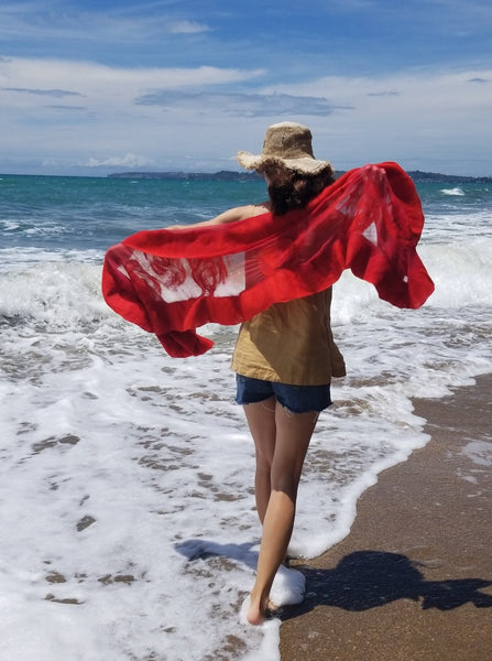 Vibrant Red scarf full of love - must have it! Pohutukawa flowers red merino & silk. Cools in summer, warms in winter.