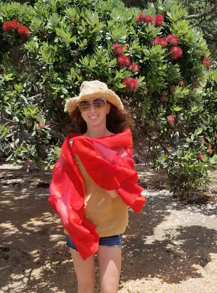 Vibrant red shawl from merino and silk, hand made unique accessories, pohutukawa trees