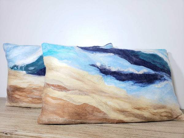 Ocean Shore, Pillow handmade, few layers of silk & merino wool, beach lifestyle house coast decor, marine blue, beige, felt cushion, 3D wave