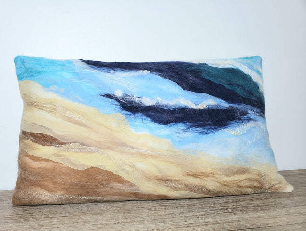 Ocean Shore, Pillow handmade, few layers of silk & merino wool, beach lifestyle house coast decor, marine blue, beige, felt cushion, 3D wave