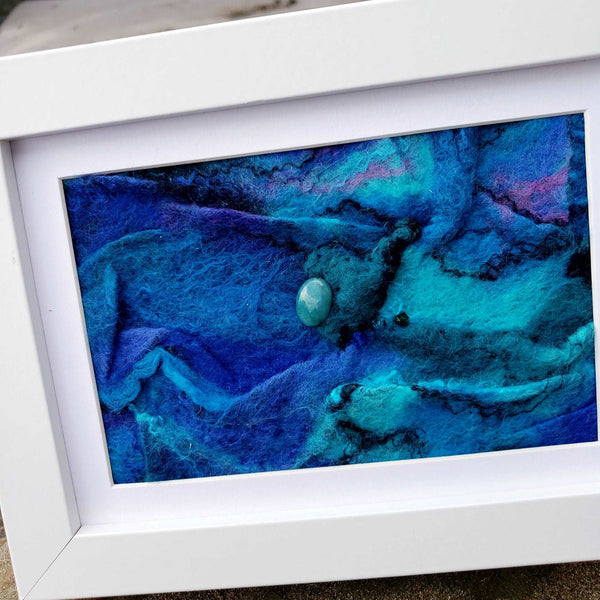 Framed unique picture, textured, inspired Paua shell, coastal style, made with silk, wool, semi-precious stone and Swarovski crystals
