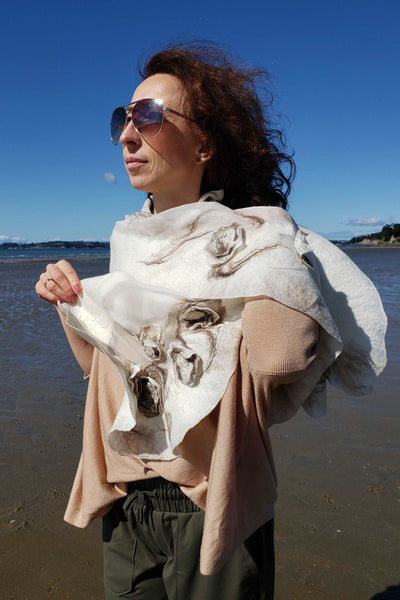Masterpiece Scarf 3D effect, nunofelting natural luxury shawl from silk & merino feather-light