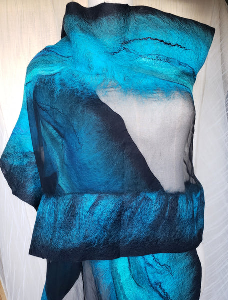 Turquoise scarf in ocean colors, simple pattern, the addition to the dress, jacket, silk merino shawl in blue, versatile stole, warm cape