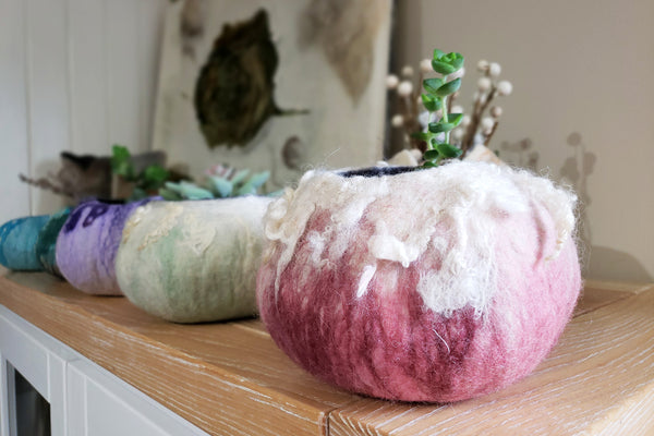 Lovely succulent, cactus plant pot in rose color. Fluffy wool decor, jewelry box made of merino wool by hand.