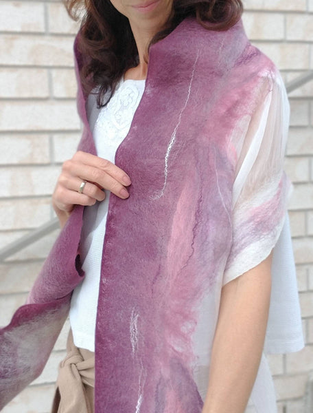Color of plum, dusty pink scarf. Wet merino and silk felted amazing piece in wardrobe. Suits with beige, black, marine blue t-shirt, jacket.