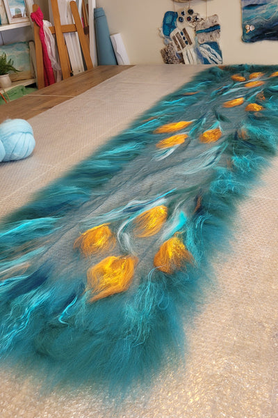 Pounamu Bloom – Teal Kōwhai Merino Wool & Silk Shawl Golden Accents