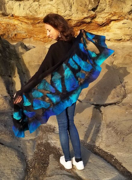 Pieces of Paua Shell on the incredible shawl, unique art from New Zealand, great gift for special one