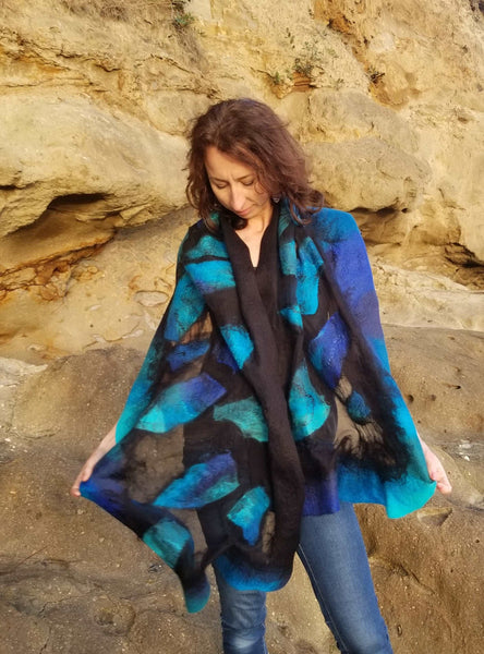 Pieces of Paua Shell on the incredible shawl, unique art from New Zealand, great gift for special one