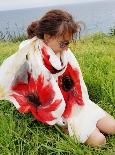 Big Red Flower,Wearable art, scarf with bright, red poppy for any occasion, nunofelted shawl with merino wool and silk.