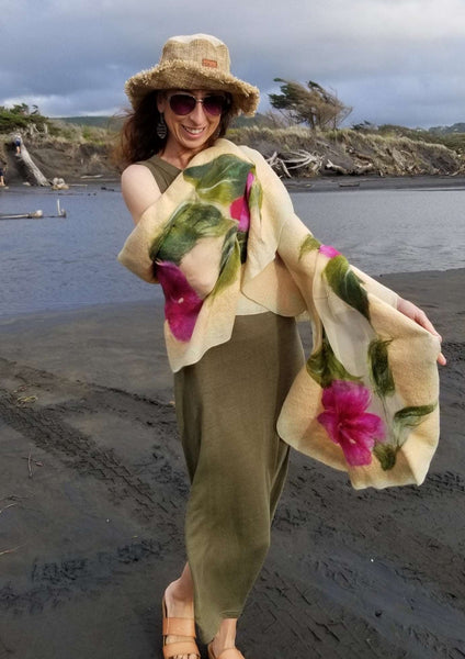 Magenta Hibiscus flowers on beige, shawl wet felting with merino & silk for dress, evening fashion Handmade with Love in New Zealand. 4637