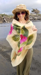 Magenta Hibiscus flowers on beige, shawl wet felting with merino & silk for dress, evening fashion Handmade with Love in New Zealand. 4637