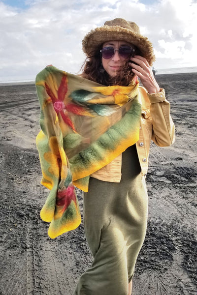 Shawl in Autumn shades, merino wool and silk in olive, honey yellow, burgundy. It's one of a kind, soft, vibrant, versatlie scarf.