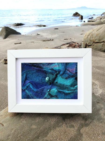 Framed unique picture, textured, inspired Paua shell, coastal style, made with silk, wool, semi-precious stone and Swarovski crystals