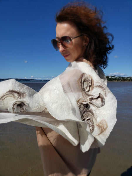 Masterpiece Scarf 3D effect, nunofelting natural luxury shawl from silk & merino feather-light