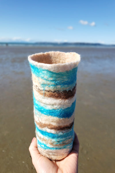 Versatile vase or wine holder in coastal design, hand made from merino wool & raw silk. Beach style life decor.