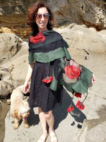Red Camelias - Impressive shawl, handmade - Luxurious and One of a Kind, merino wool and silk in dark green with hanging red flowers