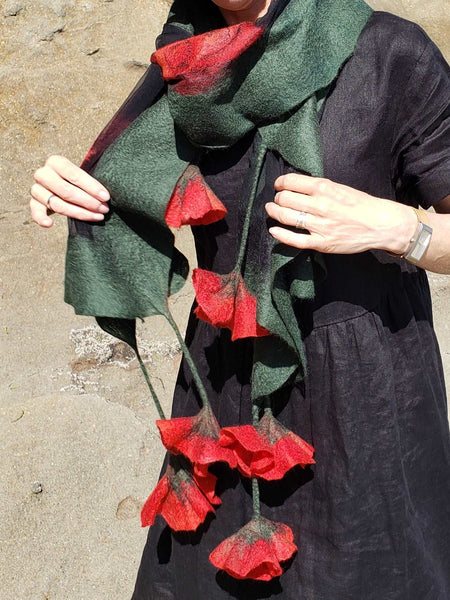 Red Camelias - Impressive shawl, handmade - Luxurious and One of a Kind, merino wool and silk in dark green with hanging red flowers