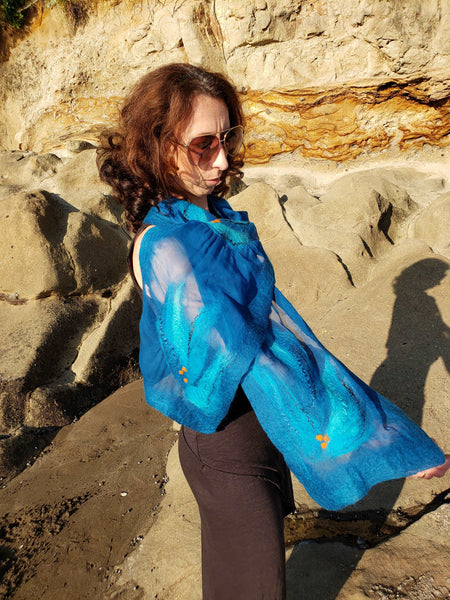 Beautiful blue scarf with vibrant orange accents - One of a Kind, stylish accessory from silk and merino
