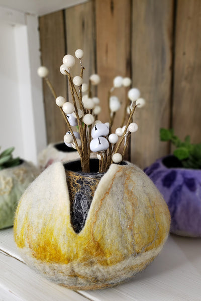 3D vase in yellow color. Unique suculent, cactus planter made of wool. Cozy decor, jewelry box.