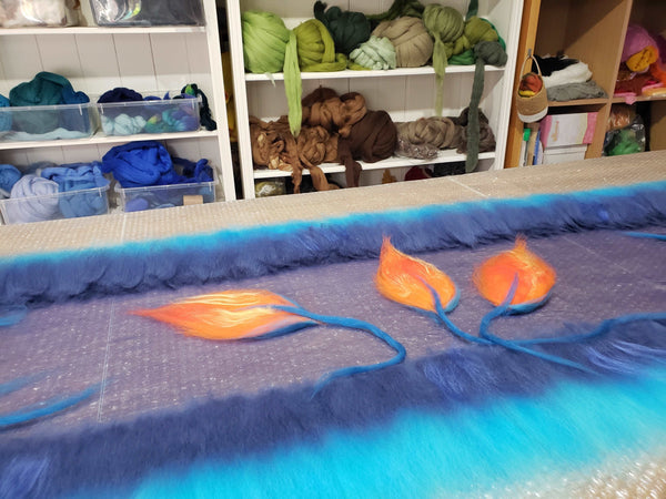 3D orange lilies on blue merino scarf, light, transparent silk.