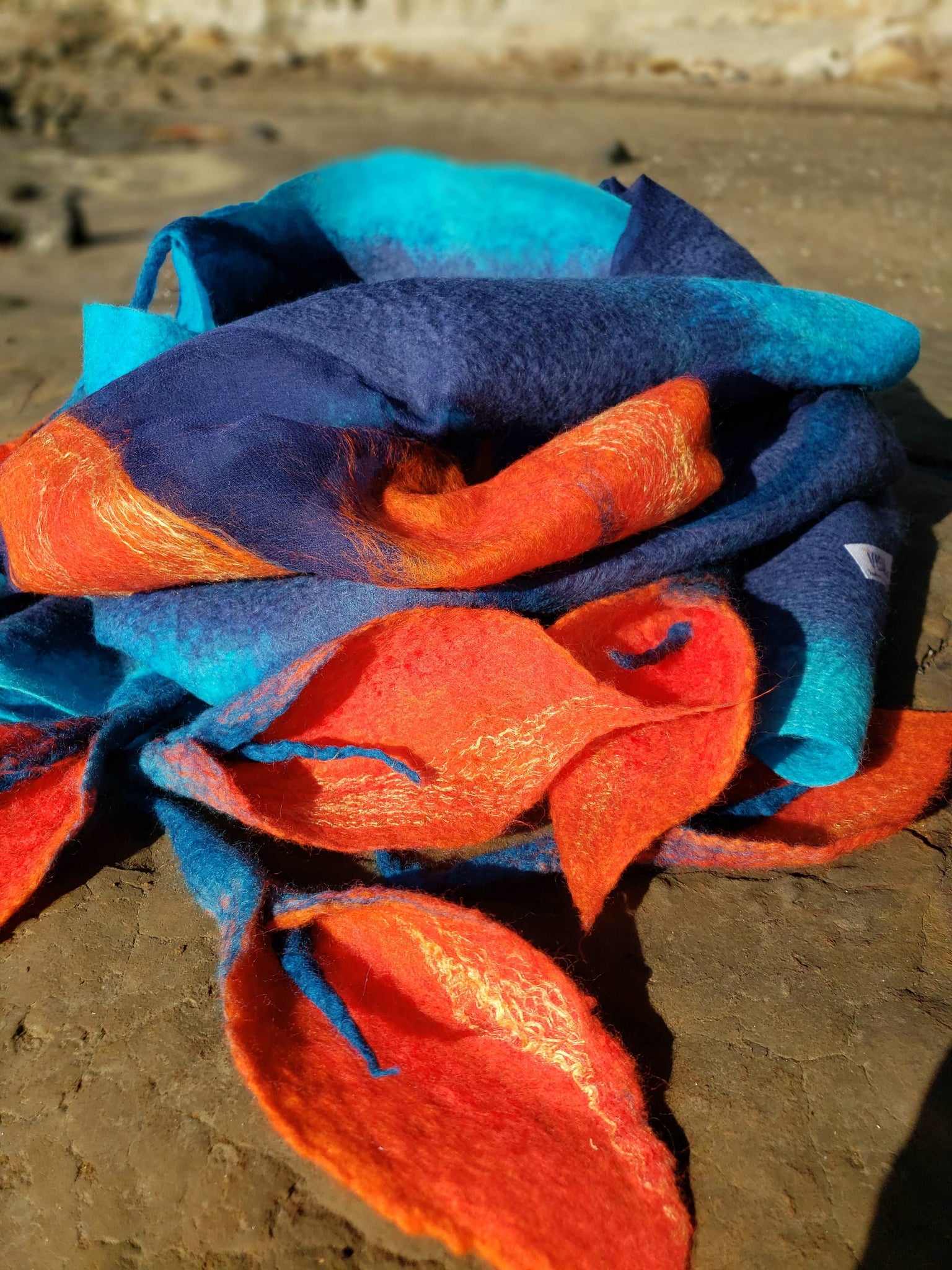 3D orange lilies on blue merino scarf, light, transparent silk.