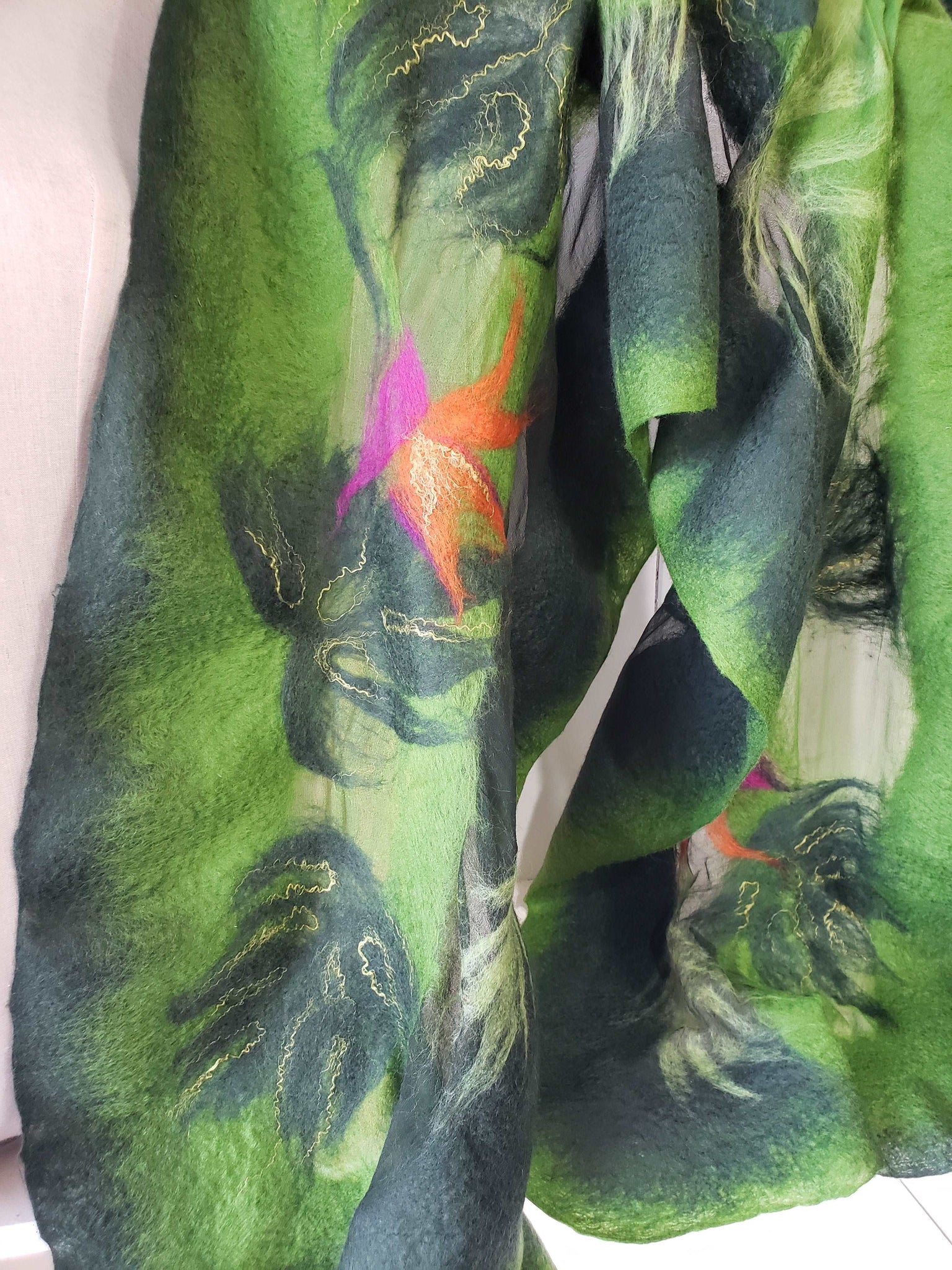 Monstera Tropical leaf with exotic flower, scarf merino & silk, forest green, orange accent.
