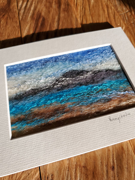 Rangitoto Island with clouds, wool with silk painting. 8 x 6 inch