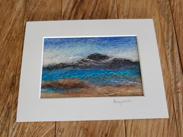 Rangitoto Island with clouds, wool with silk painting. 8 x 6 inch