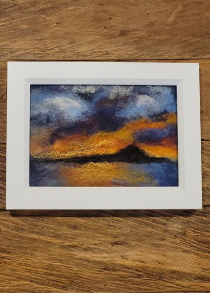 Wool & Silk Painting – Sunrise over Rangitoto Island, Nuno Felted Landscape, Framed Textile Art