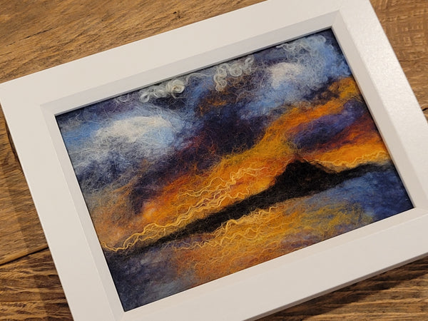 Wool & Silk Painting – Sunrise over Rangitoto Island, Nuno Felted Landscape, Framed Textile Art