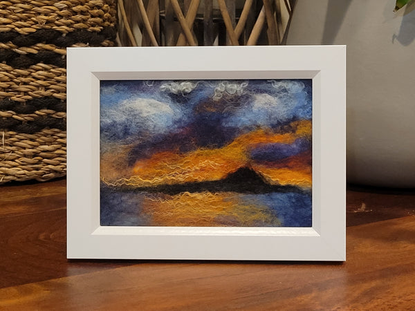 Wool & Silk Painting – Sunrise over Rangitoto Island, Nuno Felted Landscape, Framed Textile Art