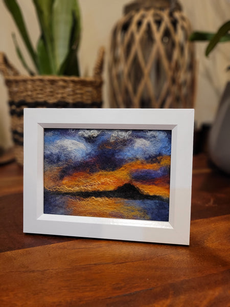 Wool & Silk Painting – Sunrise over Rangitoto Island, Nuno Felted Landscape, Framed Textile Art