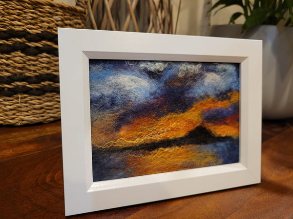 Wool & Silk Painting – Sunrise over Rangitoto Island, Nuno Felted Landscape, Framed Textile Art