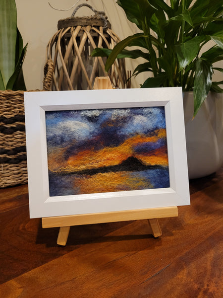 Wool & Silk Painting – Sunrise over Rangitoto Island, Nuno Felted Landscape, Framed Textile Art