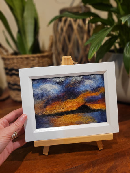 Wool & Silk Painting – Sunrise over Rangitoto Island, Nuno Felted Landscape, Framed Textile Art