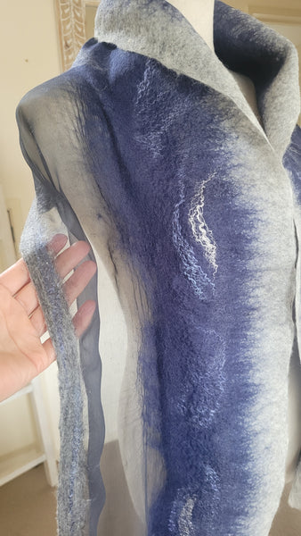 Blue Grey Silk Wool Scarf – Handcrafted Wet Felted Artistic Wrap, Elegant Merino Shawl, Bridesmaid Gift, Wearable Art