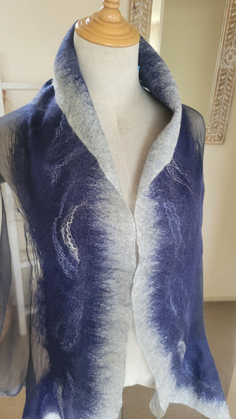 Blue Grey Silk Wool Scarf – Handcrafted Wet Felted Artistic Wrap, Elegant Merino Shawl, Bridesmaid Gift, Wearable Art