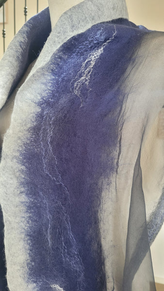 Blue Grey Silk Wool Scarf – Handcrafted Wet Felted Artistic Wrap, Elegant Merino Shawl, Bridesmaid Gift, Wearable Art