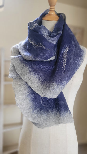 Blue Grey Silk Wool Scarf – Handcrafted Wet Felted Artistic Wrap, Elegant Merino Shawl, Bridesmaid Gift, Wearable Art
