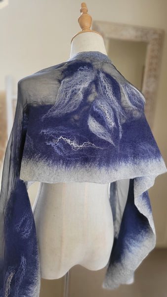 Blue Grey Silk Wool Scarf – Handcrafted Wet Felted Artistic Wrap, Elegant Merino Shawl, Bridesmaid Gift, Wearable Art