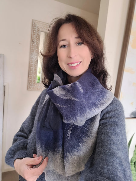 Blue Grey Silk Wool Scarf – Handcrafted Wet Felted Artistic Wrap, Elegant Merino Shawl, Bridesmaid Gift, Wearable Art