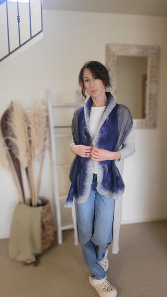Blue Grey Silk Wool Scarf – Handcrafted Wet Felted Artistic Wrap, Elegant Merino Shawl, Bridesmaid Gift, Wearable Art