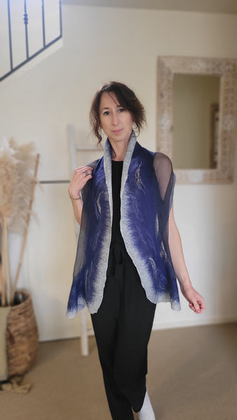 Blue Grey Silk Wool Scarf – Handcrafted Wet Felted Artistic Wrap, Elegant Merino Shawl, Bridesmaid Gift, Wearable Art
