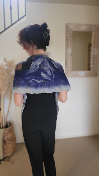 Blue Grey Silk Wool Scarf – Handcrafted Wet Felted Artistic Wrap, Elegant Merino Shawl, Bridesmaid Gift, Wearable Art