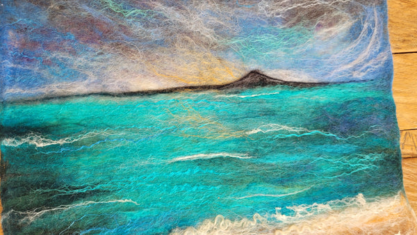 Rangitoto Silk & Merino Wool Painting – New Zealand Ocean Wall Art, Turquoise Coastal