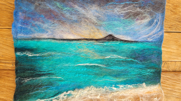 Rangitoto Silk & Merino Wool Painting – New Zealand Ocean Wall Art, Turquoise Coastal