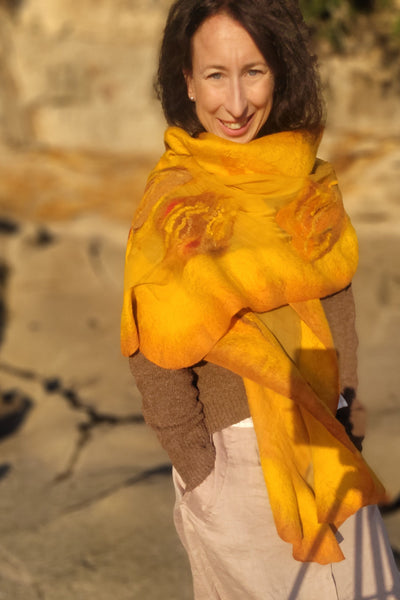 Golden Mustard Shawl – Silk & Merino Wool Wrap, Honey Gold Evening Shawl, Artistic Scarf for Autumn, Spring & Summer