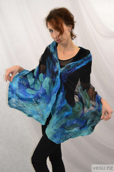 Natural silk shawl blue with turquoise 4256