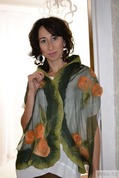 Green silk scarf with orange 4402