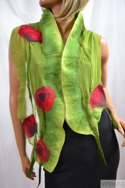 Red poppies green scarf silk merino wool 4404